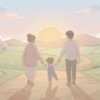 家族が夕日の道を歩くイラスト