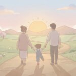 家族が夕日の道を歩くイラスト