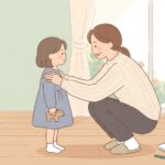 しゃがんで目線を合わせる大人と子供のイラスト