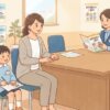 就学相談窓口で相談する保護者と子供のイラスト