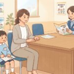就学相談窓口で相談する保護者と子供のイラスト