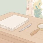書類とペン、虫眼鏡の静物イラスト